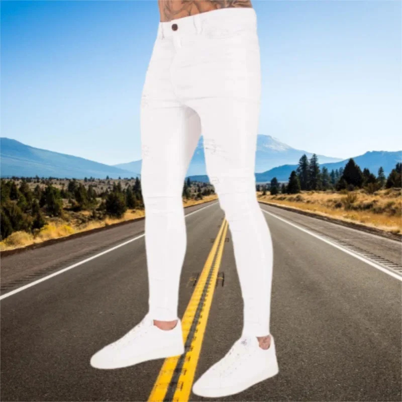 Jeans Wihte Men Elastic Waist Skinny 2023 Stretch Ripped Denim Pants Streetwear Summer Mens High Quality Joggers Trousers 260618