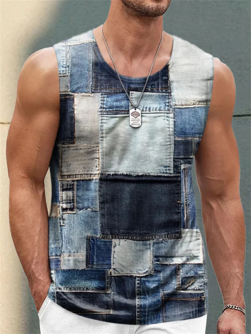 Retro Denim Patchwork Graphic Tank Tops For Men Summer Fashion Sleeveless 3D Printed Vest Casual Oversized Daily Wear Tees 260623