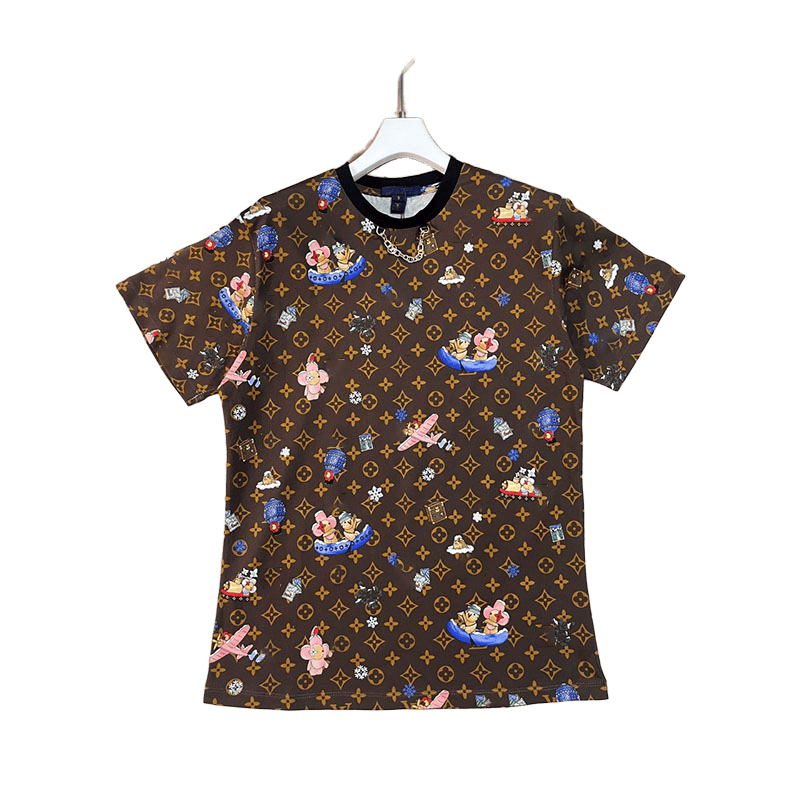 26ss designer summer new fashion trend high-quality retro casual luxury brand letter full print pattern chest chain round neck short sleeved women&#