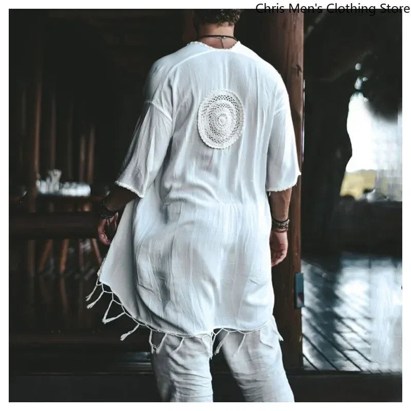 Men Tulum Linen Holiday Cardigan Mens Long White Cardigan Spring / Summer Thin Mens Sun Protection Shirt Fringe Long Cardigan 260615