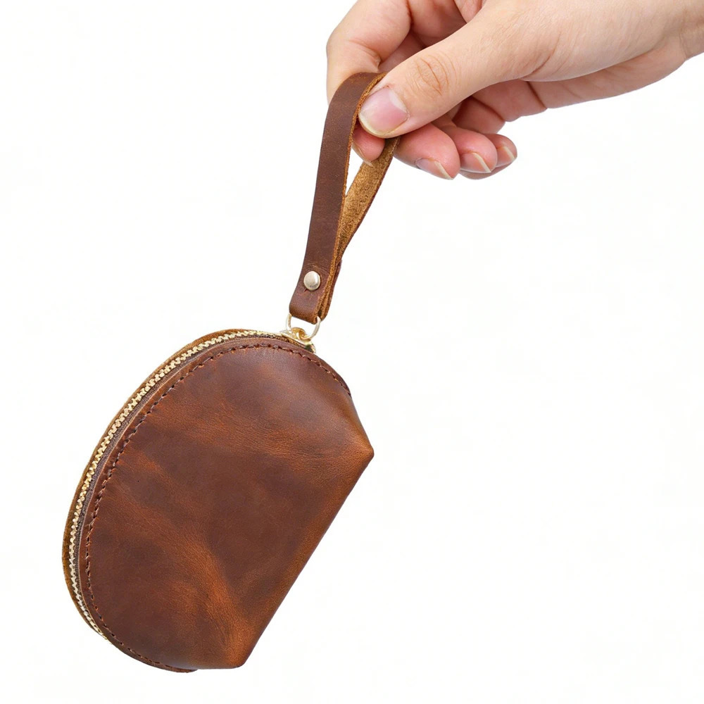Genuine Leather Coin Purse Compact Mini Wallet for Coins Cards Keys Handcrafted Vintage Zipper Pouch Men and Women 260624