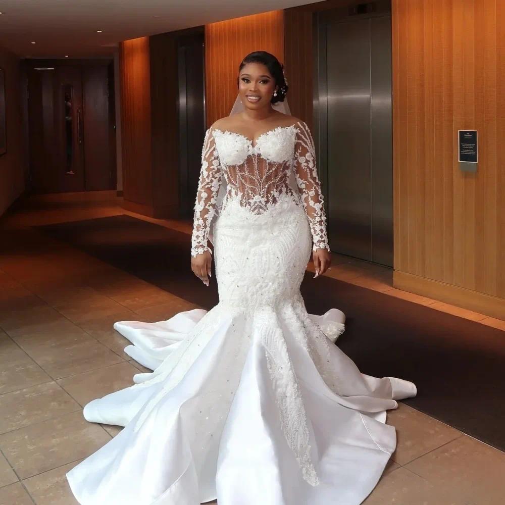 luxury white mermaid wedding dresses lace beading vneck bride dresses african women transparent sleeves banquet dress vestidos de novia custom made