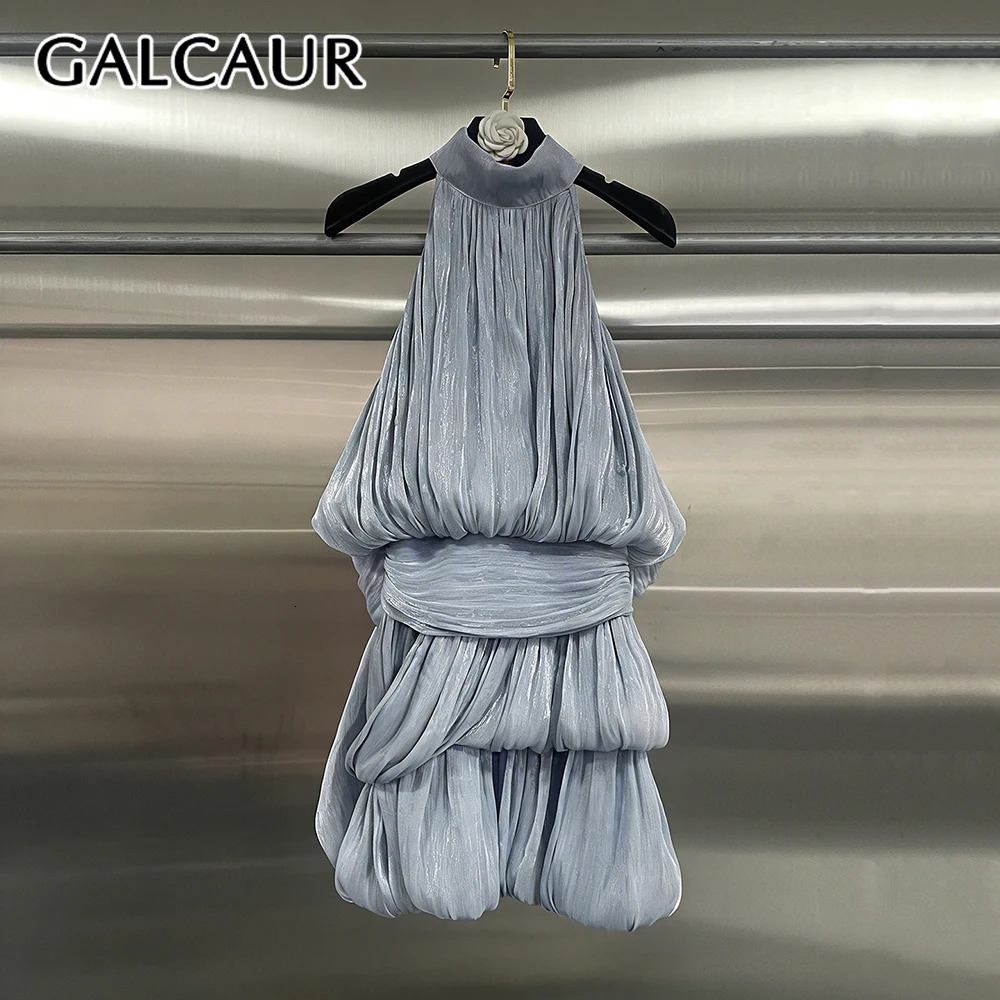 GALCAUR Solid Slimming Spliced Zipper Dress for Women Round Neck Sleeveless Patchwork Folds Elegant Dresses Female Fashion 260623