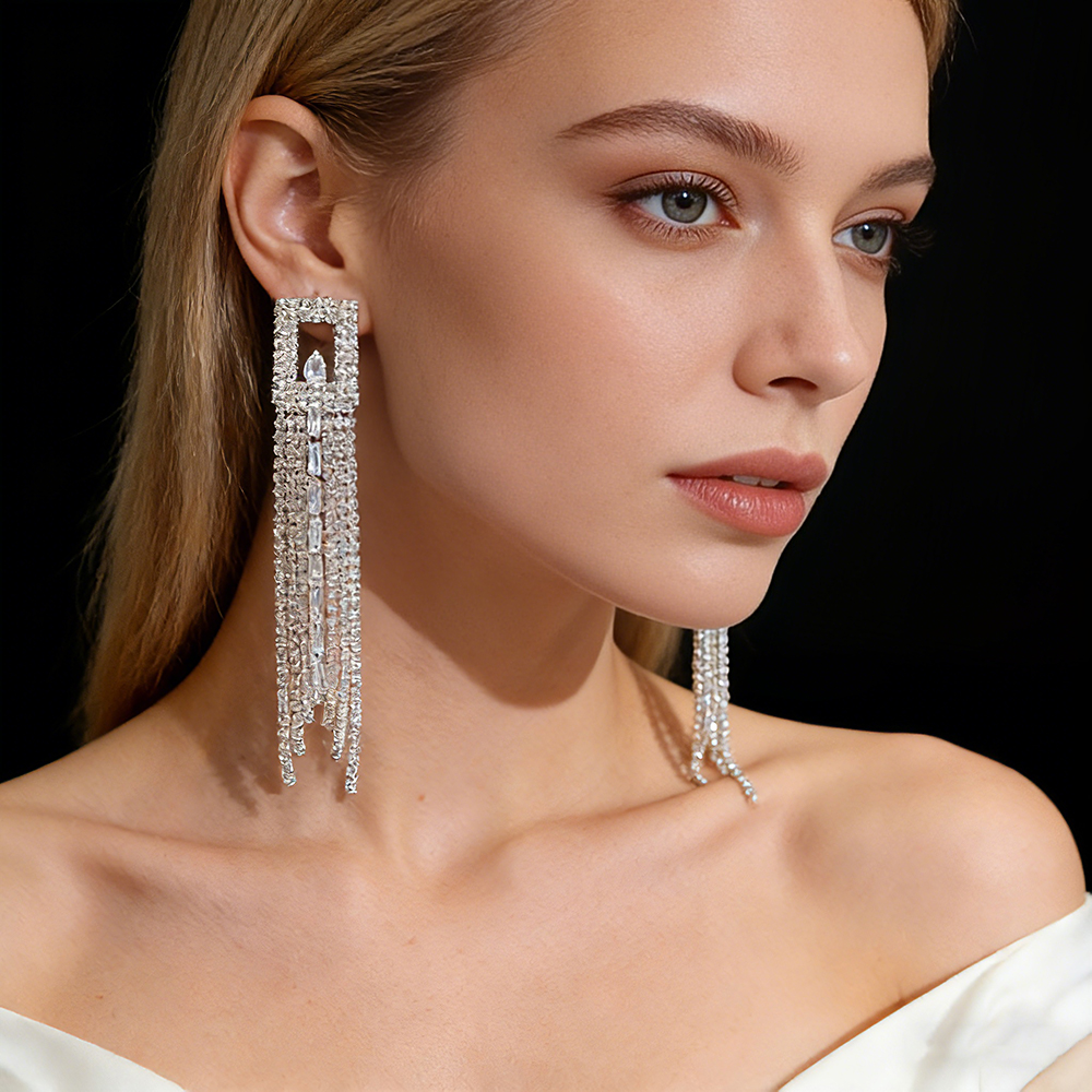 Elegant Hollow Square Crystal Rhinestone Tassel Earrings Pure Copper Prom Bridal Jewelry Custom Material Bulk European Eco Compliance-image-1111966708