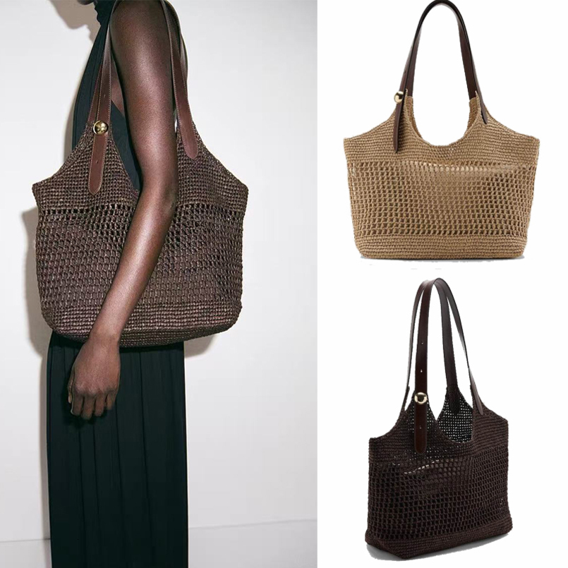 Coastal Vacation Sand Woven Tote Bag Summer Retro Openwork Patchwork Leather Large Capacity Shoulder 260623