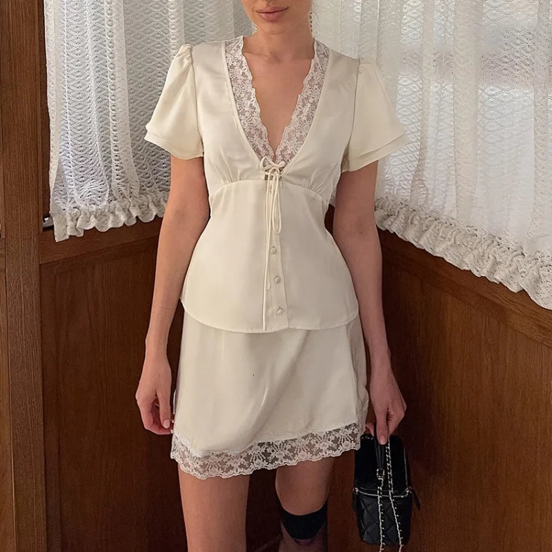 Summer Skirt 2-Piece Set Fashion Solid V-Neck Lace Patchwork Top Casual Skirt Sets Vacation Party Women Dress Sets 260622