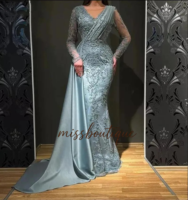 Arabic Dubai Turkish Long Sleeves Women Evening Dresses Mermaid V Neck Overskirts Ruched Satin Formal Occasion Party Gowns Embroidery Lace Beaded Ve
