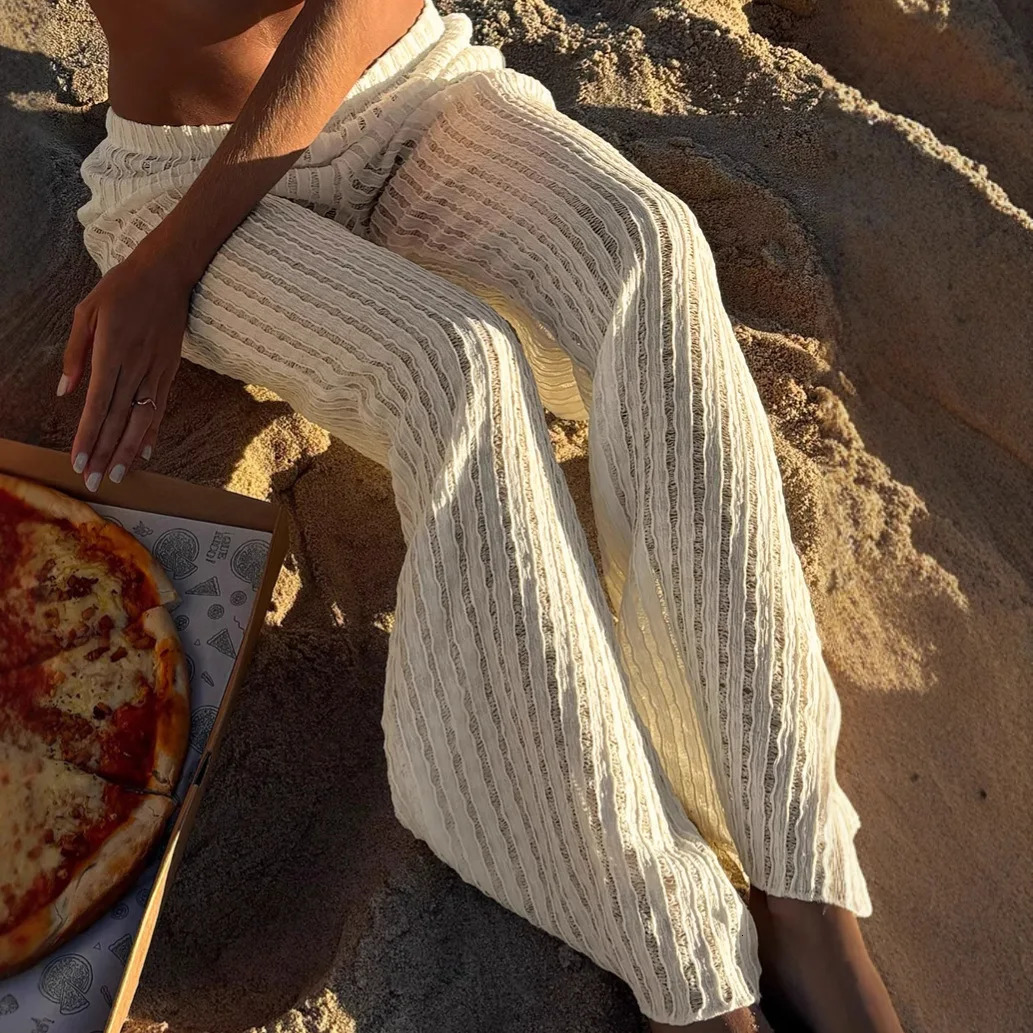 Beachwear Hollow Out Knitted Casual Pants White Low Rise Loose Straight Pants y2k Aesthetic Women Holiday Style Trousers 260622