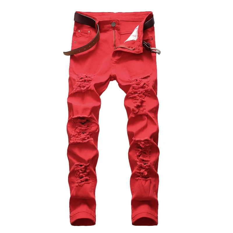 Men Ripped Jeans Red Hip Hop Holes Slim Denim Pants Punk Streetwear Versatile Stretch Wash Solid Casual Pencil Trousers 260618