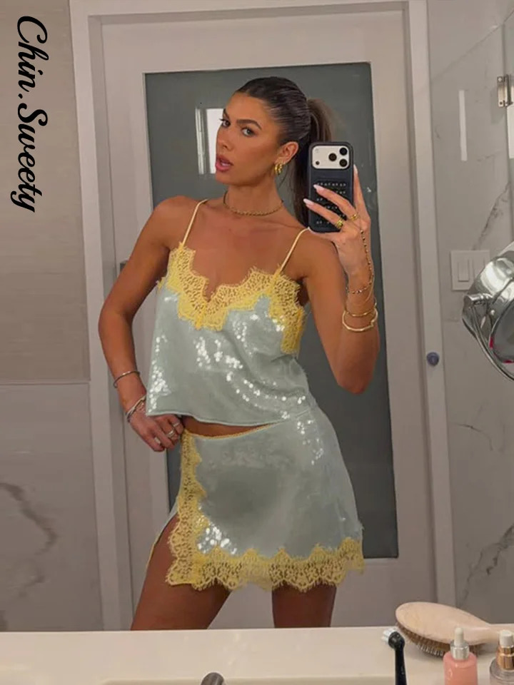 Sexy Sequined Patchwork Womens Vest Skirts Suit Sleeveless Slip Top Split Skirt 2026 Summer Chic 2 Pieces Set Women Vacation260622