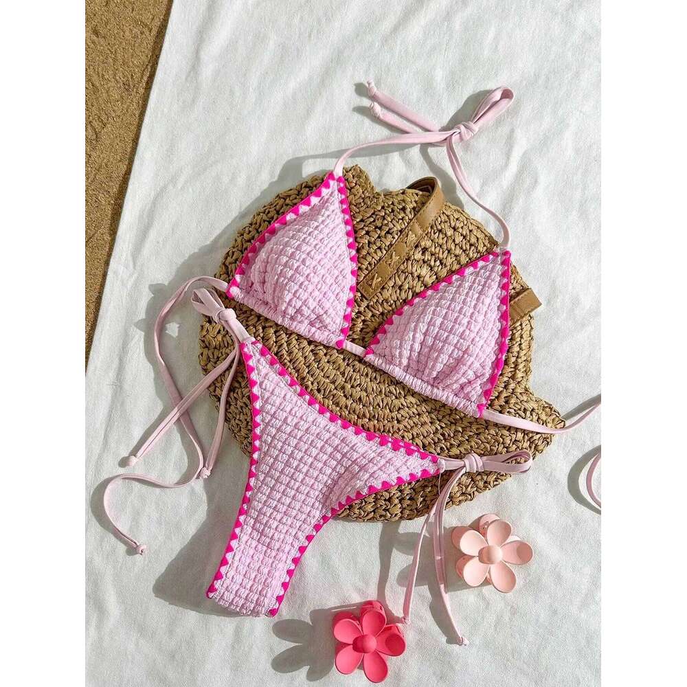 sexy pink patchwork micro bikinis sets two pieces halter back tie thong swimsuits bathing suit swimwear biquini tankini trikini W260624