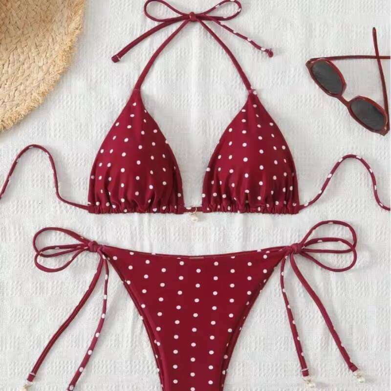 Women Retro Red Polka Dot Halter Bikini Set Adjustable Tie Triangle Two Piece Swimsuit Removable Pad Brazilian Swimwear S-XL W260624