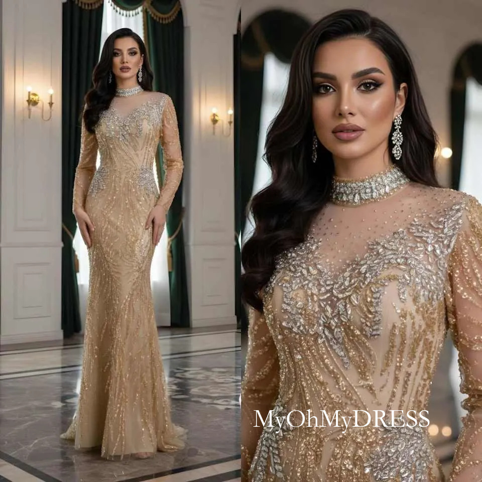 Luxury Muslim Bead Mermaid Evening Dress For Women High Neck Long Sleeves Formal Prom Party Vestidos De Fiesta Elegantes Y624