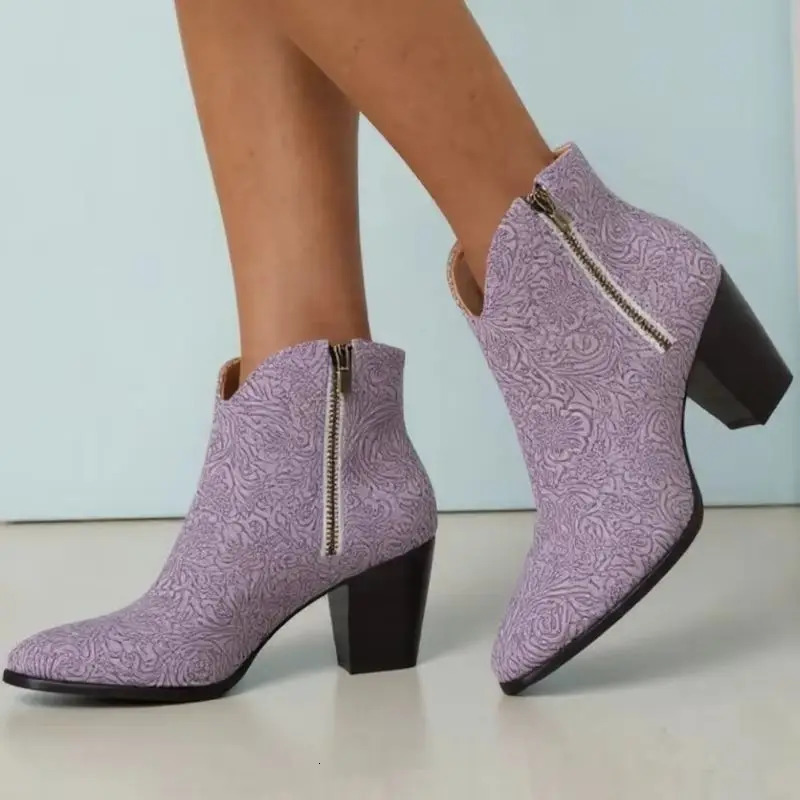 Vintage Ankle Boots for Women Winter Shoes Black Western Short Cowboys Boot Block Heels Party Shoes Lady Big Size 52 260623