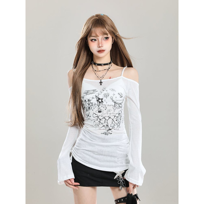 Camicetta da donna Top da donna Graffiti Cartoon Stampa manica lunga con spalle scoperte Camicia slim fit sottile e morbida per abiti quotidiani da