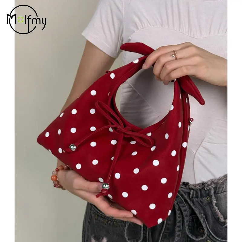 Handheld Retro Casual Tote Bag for Women Korean Version Fashion Polka Dot Underarm Handbag Large Capacity Womens Bag Trend 260624