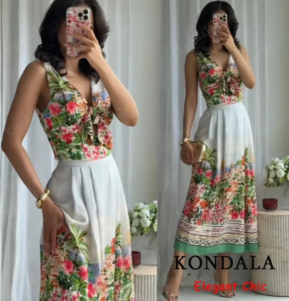 Summer Holidays Printed Skirt Set Womens Bow V-Neck Halter Top OR Pleated Skirt Summer Elegant Vacation Lady Set 260617