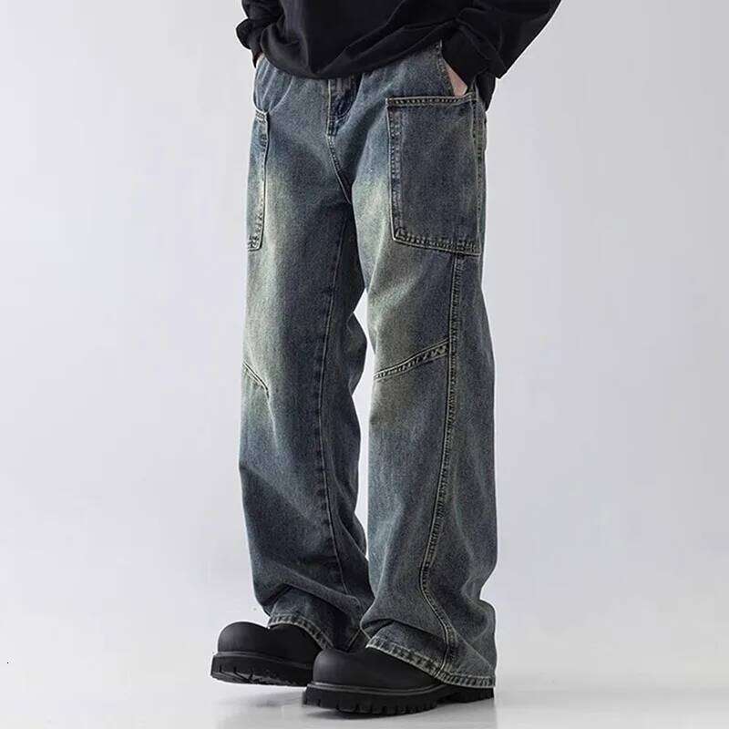 Pantaloni casual a gamba larga dritti da uomo blu retrò con tasche grandi in stile coreano 26Y0622