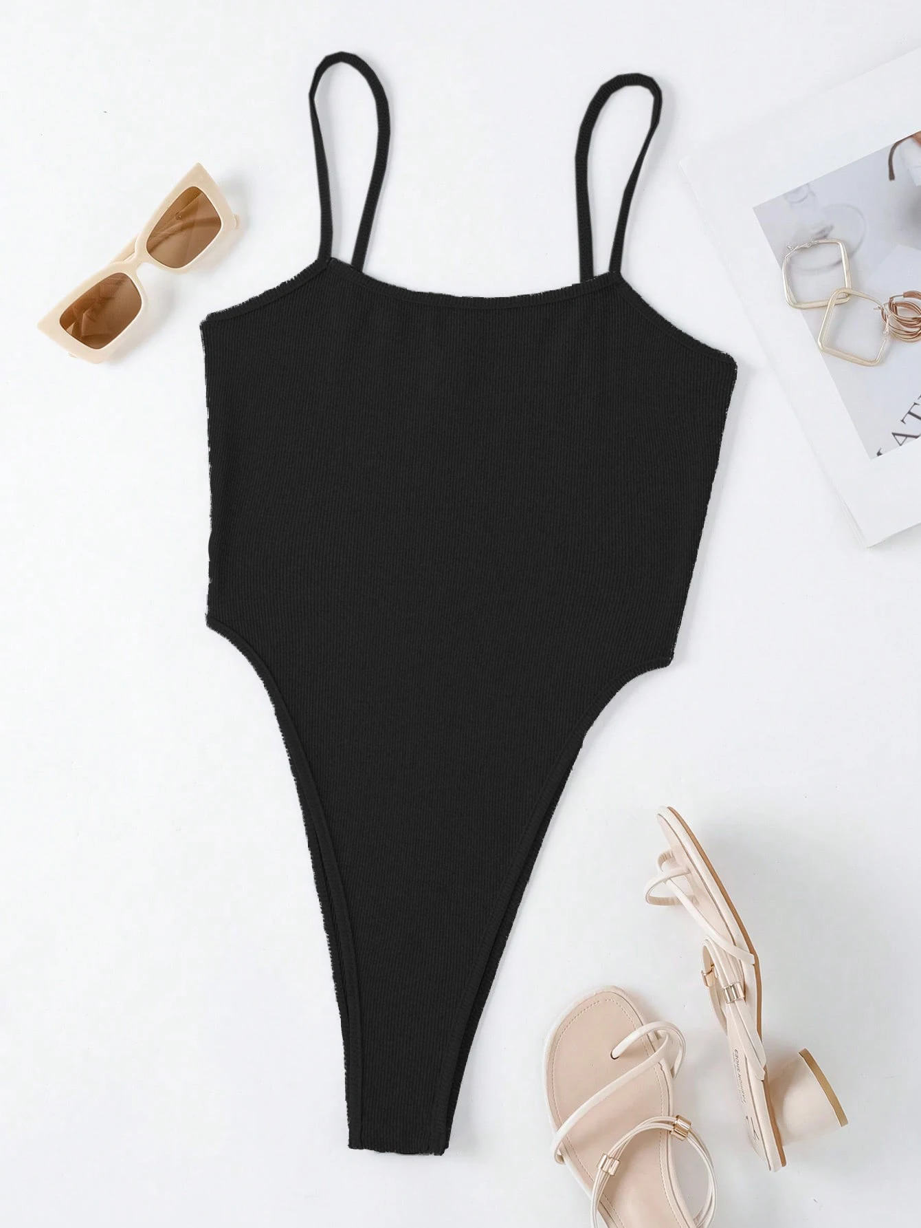 Women Black Square Neck Thin Spaghetti Strap Ribbed Knit High Cut Bodysuit Slim Fit Solid Sleeveless Tank For Daily Den 260618
