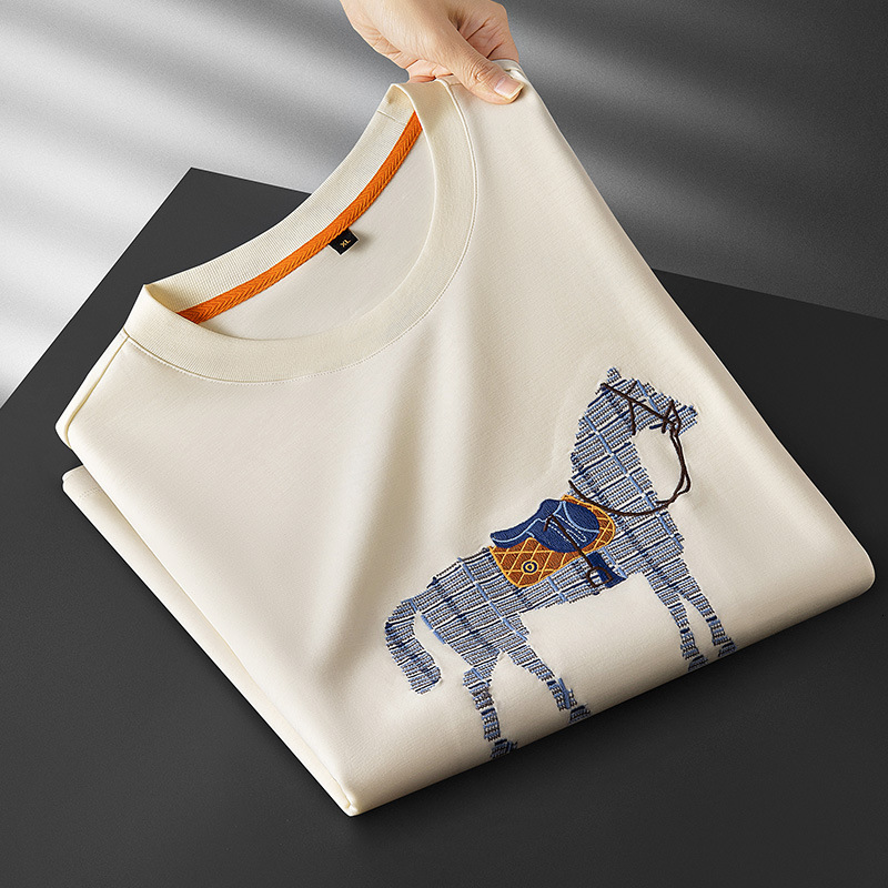 2026 Summer High-End Luxury Heavy-Duty Warhorse Embroidered Ice Silk Cotton Round-Neck Short-Sleeve T-Shirt For Men, Wrinkle-Free Half-Sleeve Base S