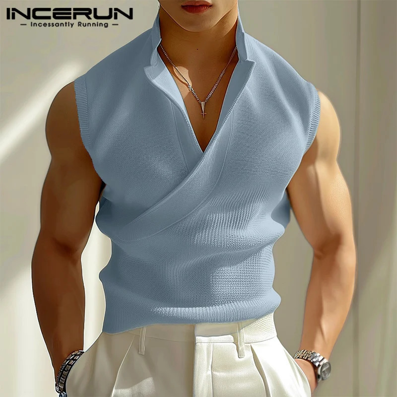 INCERUN Men Tank Tops Solid Color V Neck Sleeveless Casual Male Vests Summer Streetwear Fashion Leisure Korean Men Clothing 260623