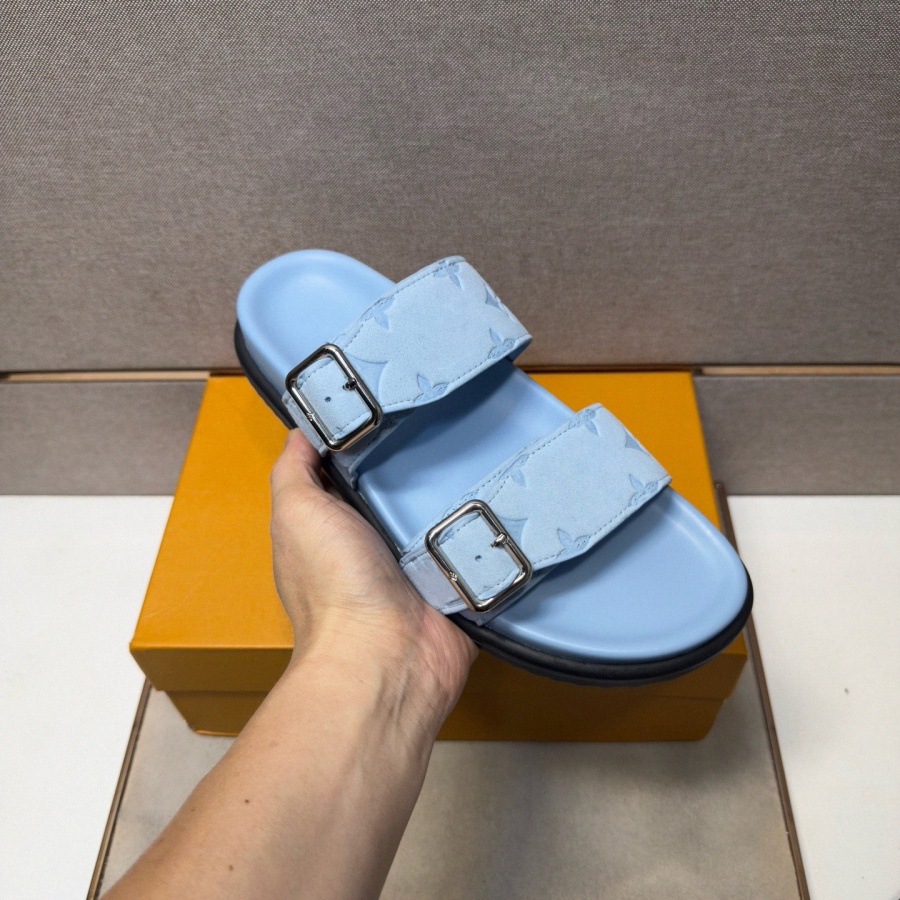 designer men sandals cowhide suede Round headed flat bottomed metal Double buckle mens luxury open-toe sandal summer outdoors leisure mule shoes siz