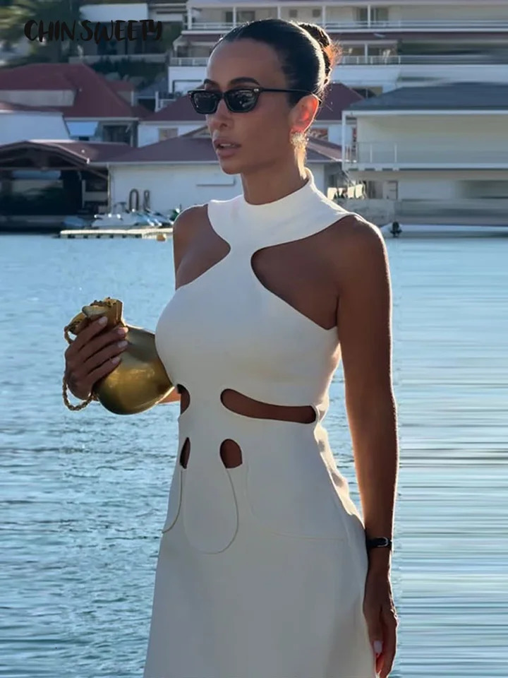 Elegant Halter Womens Dress Sleeveless Hollow Out Hip Package Lady Mini Dresses 2026 Spring Summer Chic Female Robe Holiday 260623
