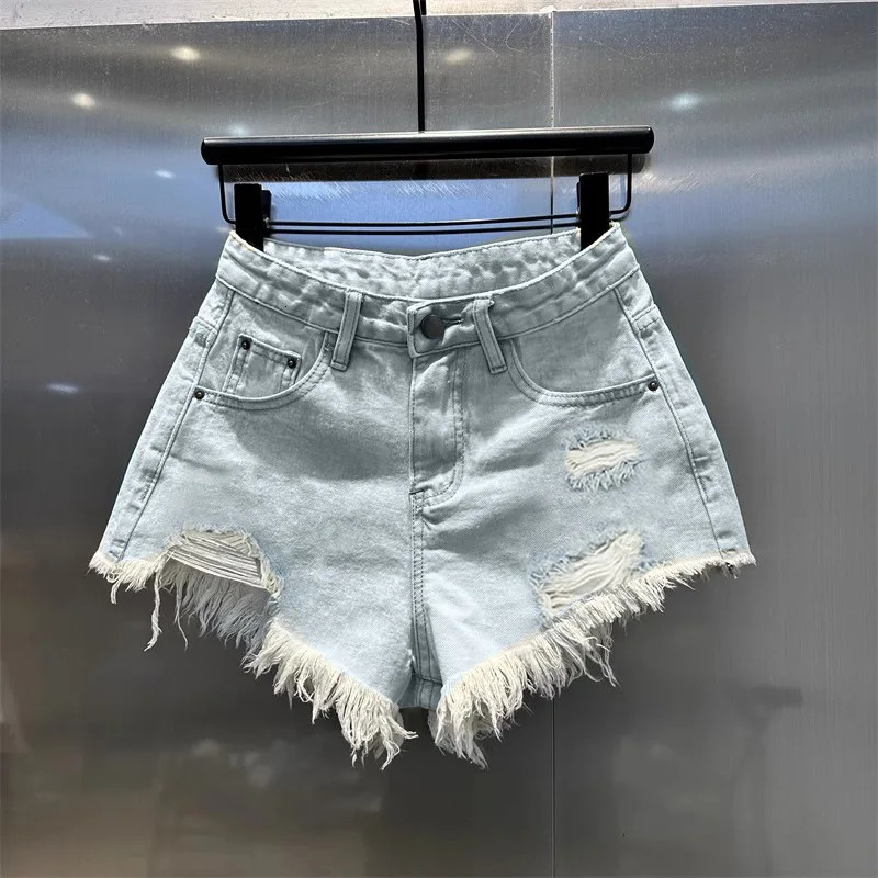 retro irregular old ripped denim shorts womens summer low waist n jeans pants sky blue 260623