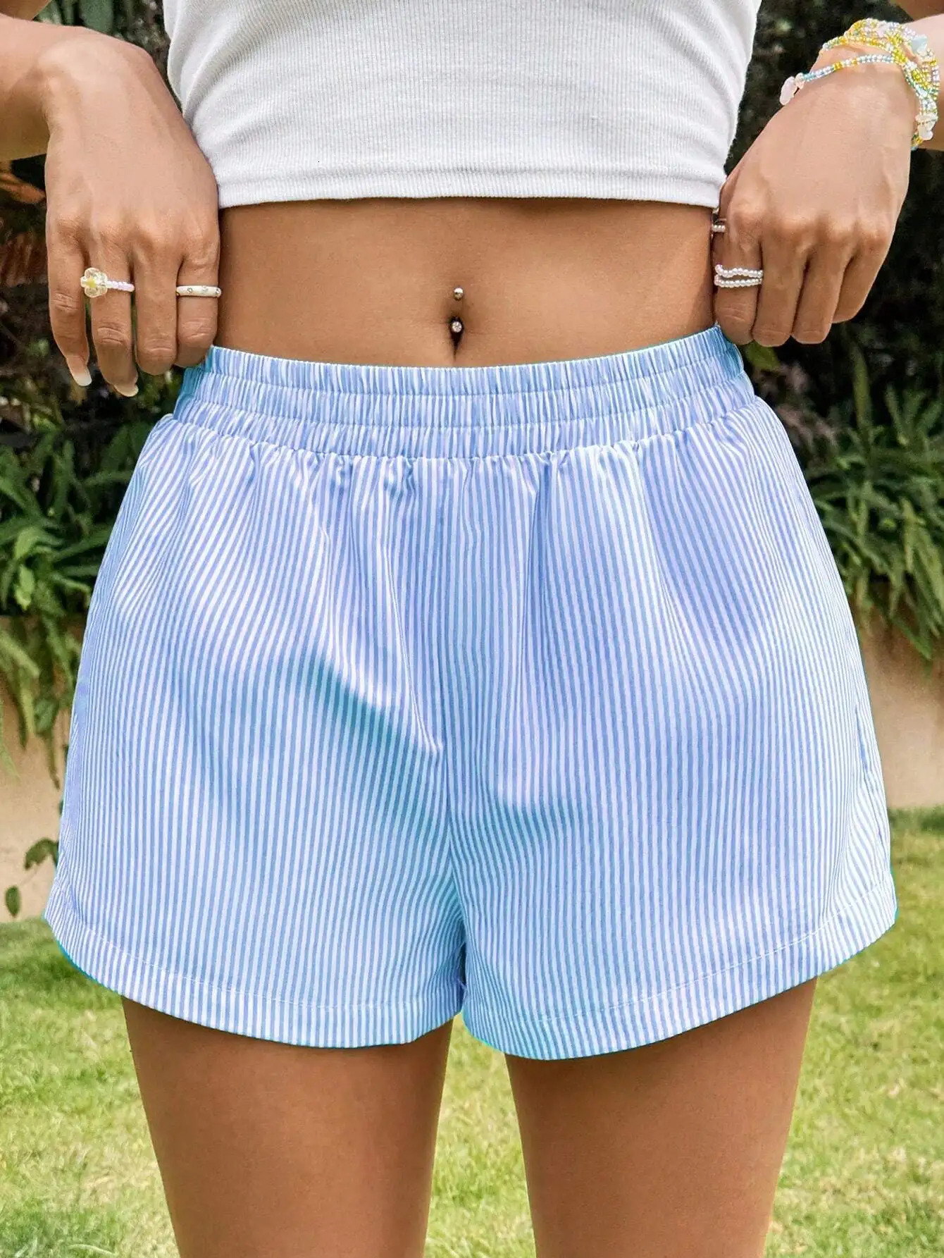 Summer Fashion Casual Loose Pocket Striped Shorts Womens Clothing 260623