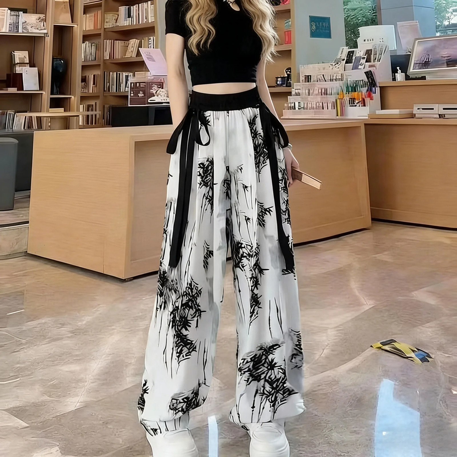 Ink Painting Printed High Waisted Wide Leg Pants for Women Summer Thin Chiffon Streamers Loose Casual Floor Mopping 260623