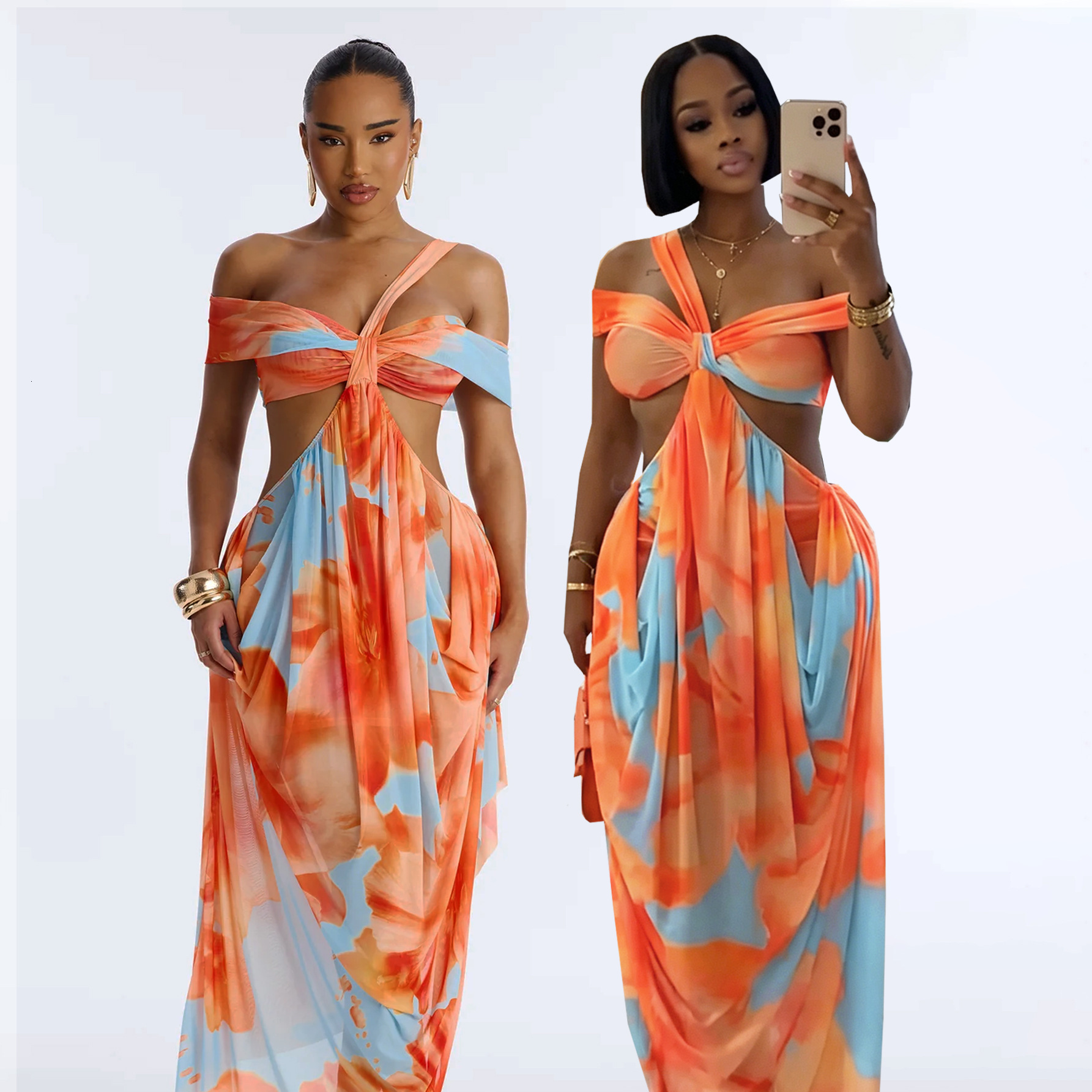 TW885 Summer Fashion Sexy Strapless Slim Fit Printed Irregular Vacation Dress for Women