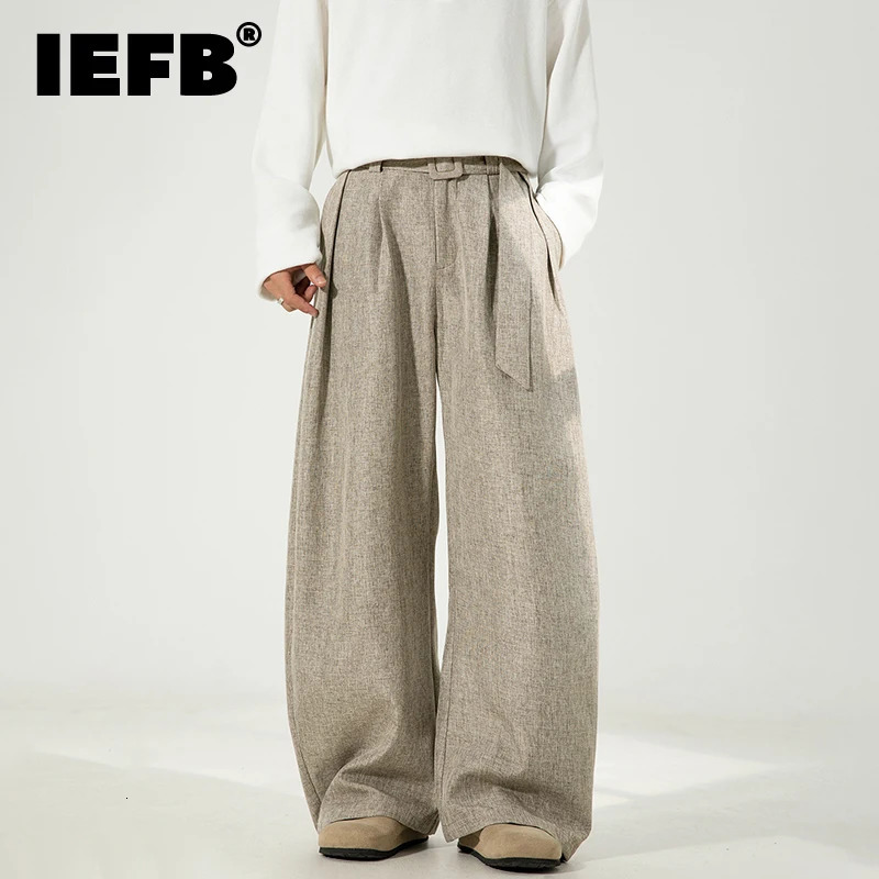 IEFB Niche Mens Suit Pants Solid Color Casual Belt Pleated Decoration Fleece-lined Trousers Wide Leg Male Bottom 9X1377 260624