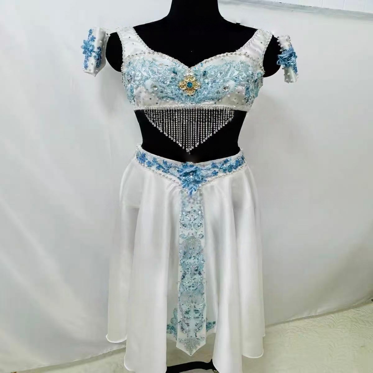 Gonna da balletto con variazioni di danza del serpente, ballerina, abito lungo personalizzato con gilet di diamanti scintillanti blu bianco