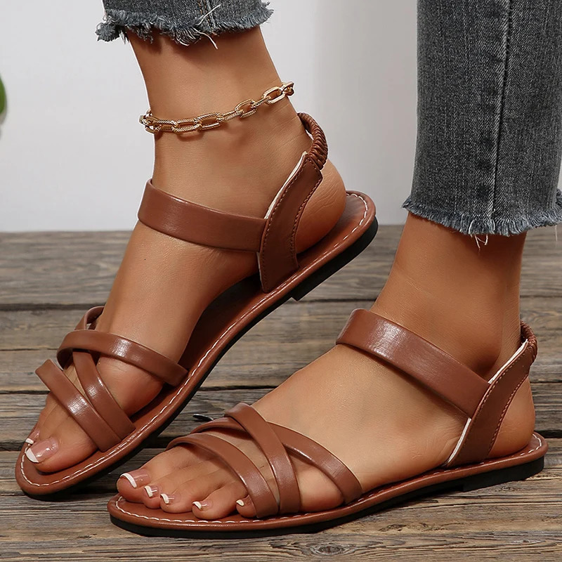 Womens Cross Strap Brown Flat Sandals 2026 Summer Retro Pu Leather Roman Sandals Woman Plus Size 43 Light Non Slip Beach Shoes 260623