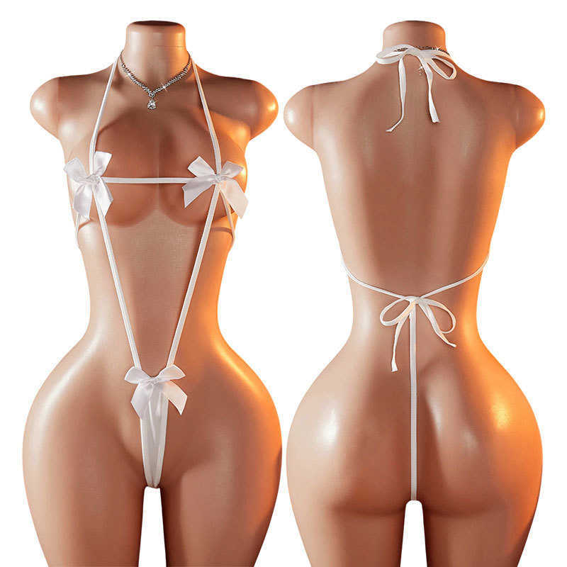 Lingerie Crotchless Night Calls Women Bandage Babydoll Teddy Bodysuit Bow Bra Panties HangNeck Backless Sexy Open Underwear D260624