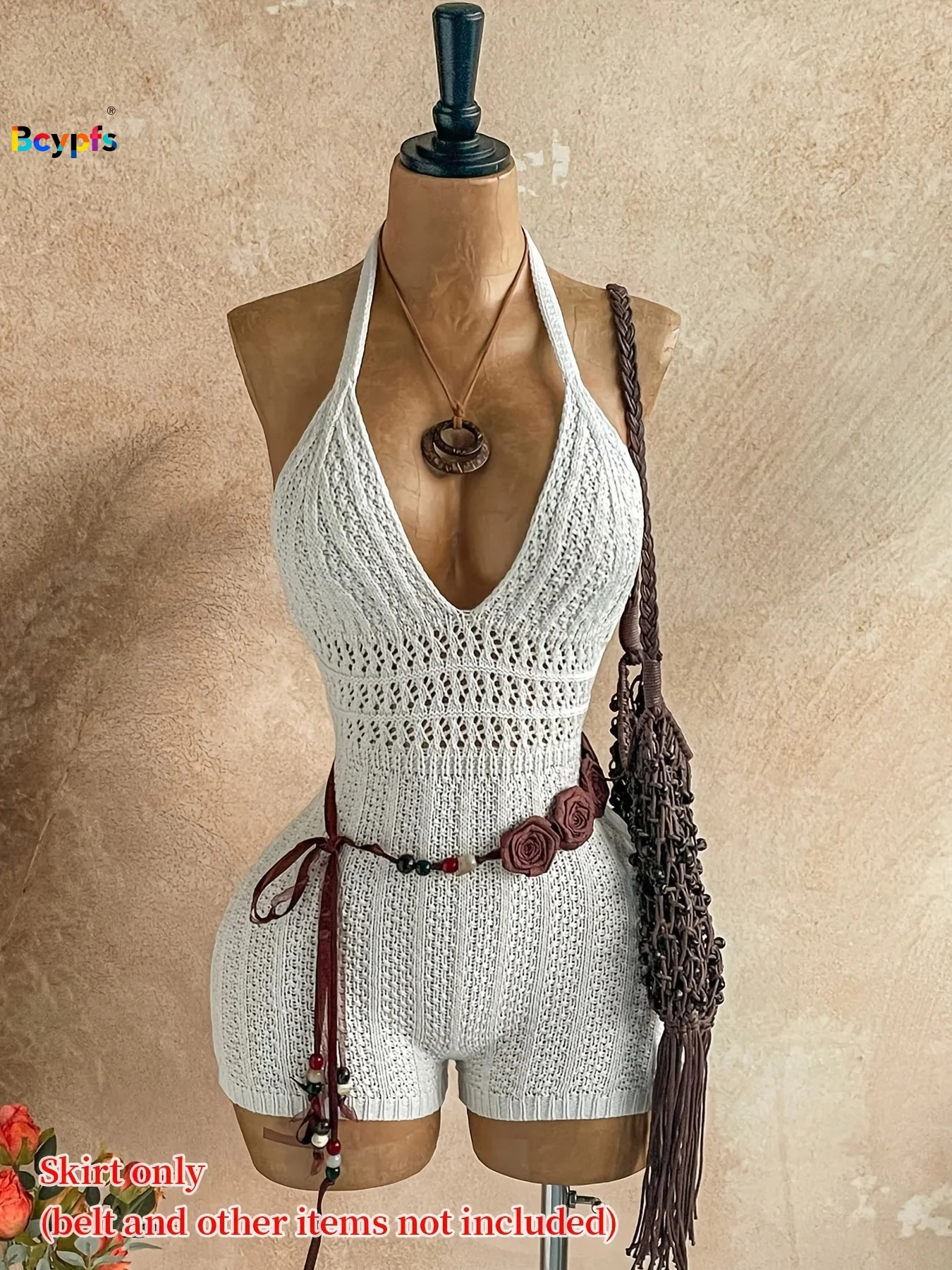 2026Womens Crochet Halter Romper White Hollow Out Backless Slim Fit Knitted Bodysuit for Beach Vacation Summer Festival 260623