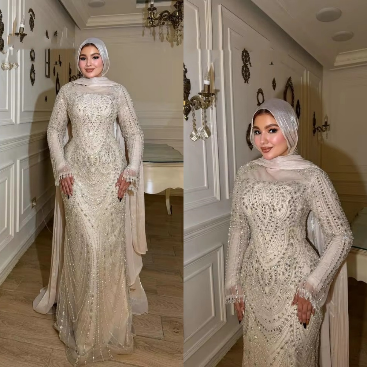 Designer Evening Dresses For Women Jewel Neck Long Sleeves Gown Rhinestone Crystal Sweep Train Dress Party Customized vestidos de novia