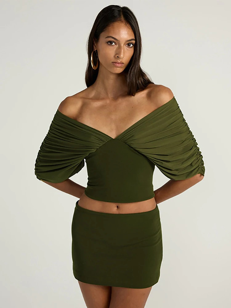 Blifanbo Elegant Backless Skirt Two Pieces Sets Women Green Bodycon V Neck Ruched Crop Top And Slim Skirt Matching Sets Female 260623