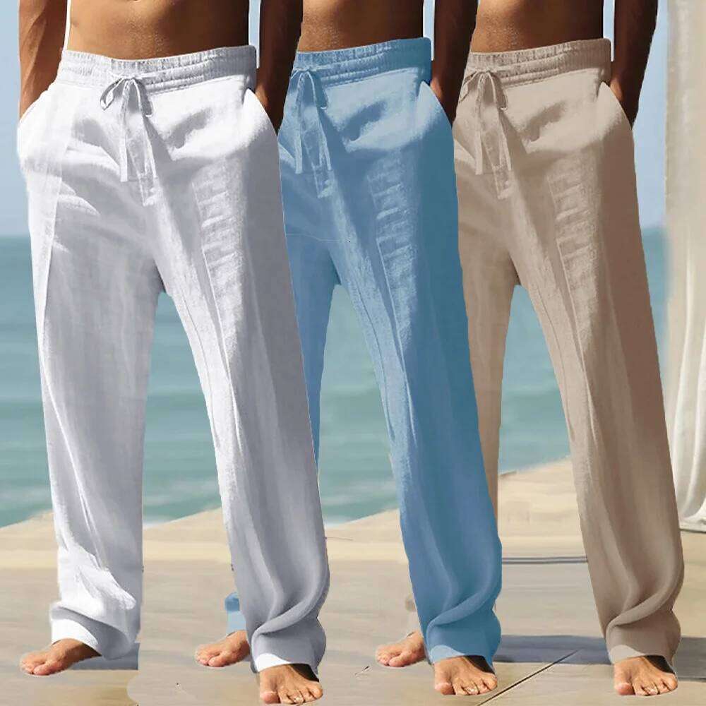 Men's Casual Breathable Summer Solid Color Elastic Waist Trousers Loose Fitness Lightweight Wide Leg Pants Streetwear W260624