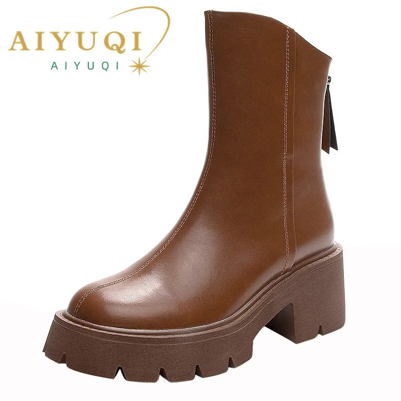 AIYUQI Botines de mujer de piel auténtica, botas cortas de estilo británico, botas Retro de mujer con cremallera trasera y tacones altos, botas de v