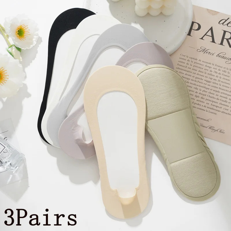 3 PairsLot Womens Ice Silk Thickened Sponge Bottom Boat Socks Shockproof Non-slip Silicone Comfortable Invisible Casual Socks 260624