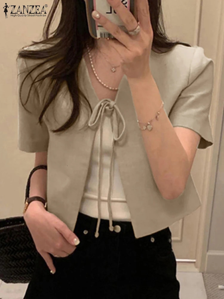 Elegant Women Cardigan Blouse ZANZEA Summer V Neck Short Sleeve Work Shirt Stylish Lace Up Holiday Tops Solid Thin Coats 260623