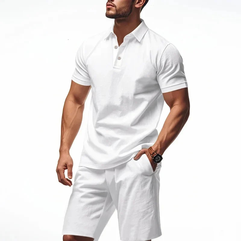 Casual Linen Mens Polo Shirt Short Sleeve Beach Shorts Set Turndown Collar Summer Style Fashion Clothing 260624