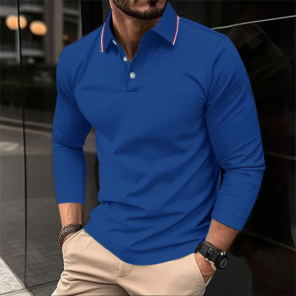 2025 Mens Summer Long Sleeve Lapel Polo Casual Breathable Comfortable Shirt Solid High Quality Male TShirt Drop 260616