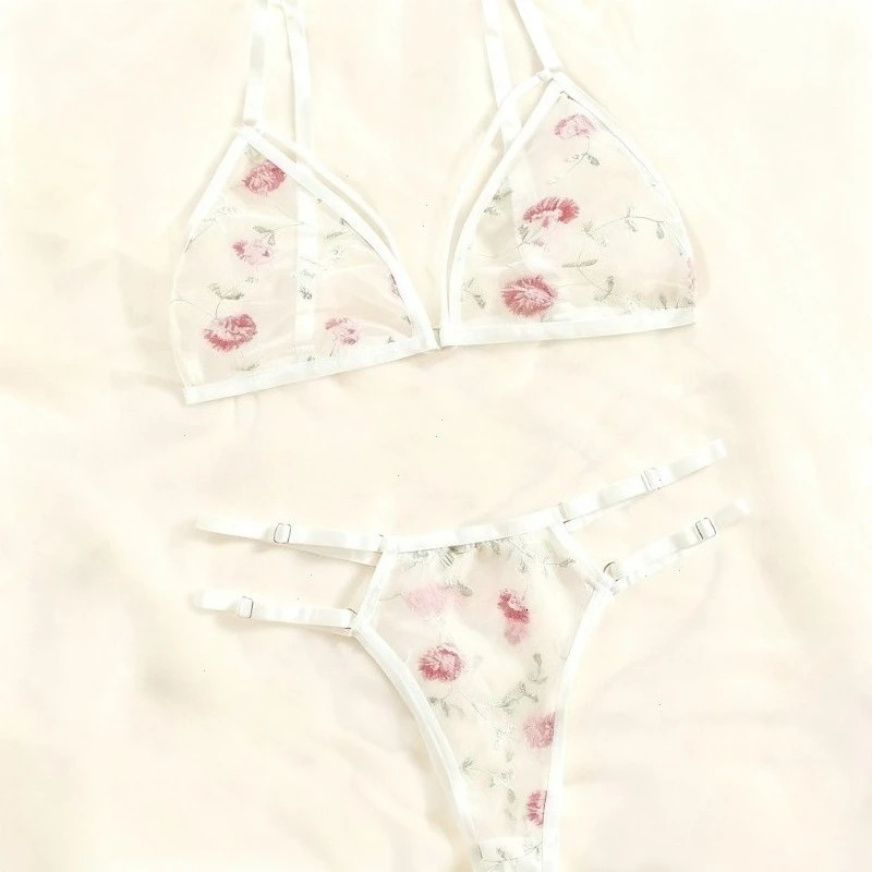 Intimo sexy completo reggiseno trasparente femminile 2 pezzi ricamo floreale intimo completo di pizzo senza reggiseno di supporto in acciaio 260622