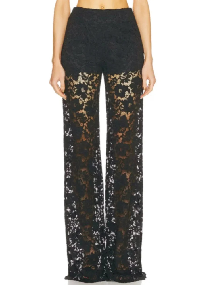 Women Lace Flare Pants See Through High Waist Bell Bottoms Long Trousers for Daily Party 260624