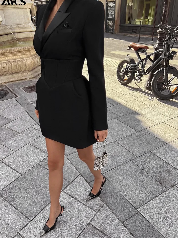 Elegant Waist-cinching Blazers Dress Womens Solid Lapel V-neck Shoulder Pads Mini Dresses 2025 Female Chic Party Gowns 260623