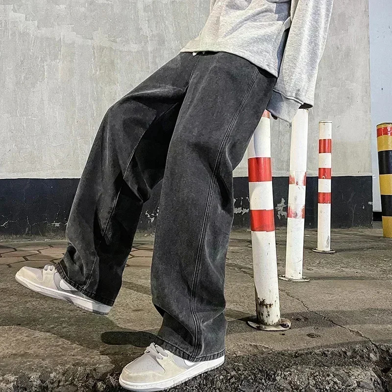 Streetwear Loose Jeans Men Korean Style Fashion Loose Straight Wide Leg Pants Mens Clothing Black Light Blue 260622