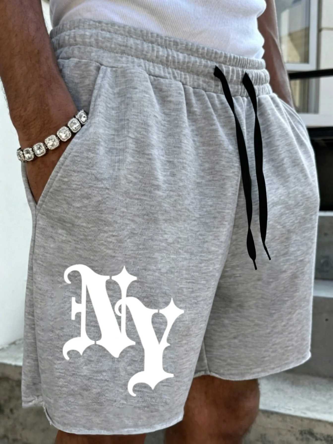 Mens Regular Fit Grey NY Gothic Print Shorts - Raw Hem Drawstring Casual Wear Q260623