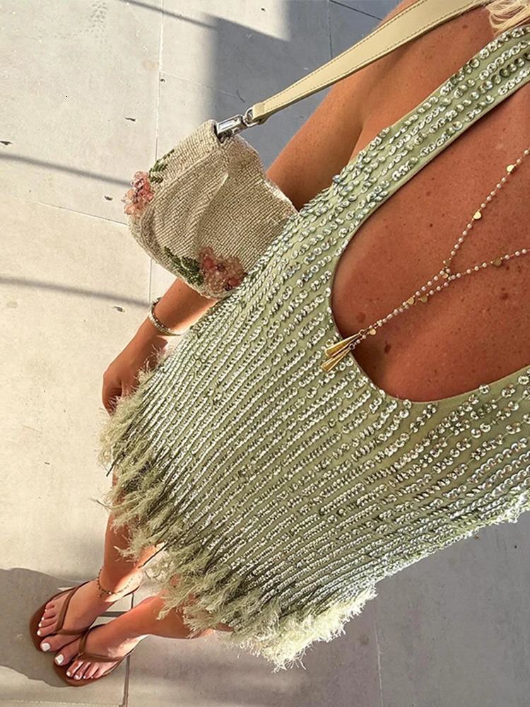 Sequined Tassel Fur Halter Dress V-Neck Shiny Fringe Suspender Women Vest Short Dresses Sexy Backless Camisole Evening Gown 260623